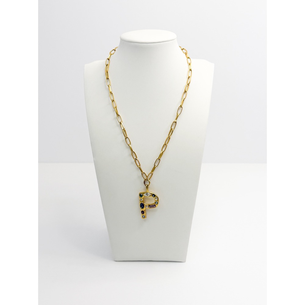 Sequin NYC Gold Tone Crystal‎ Embellished Initial P Paperclip Pendant Necklace
